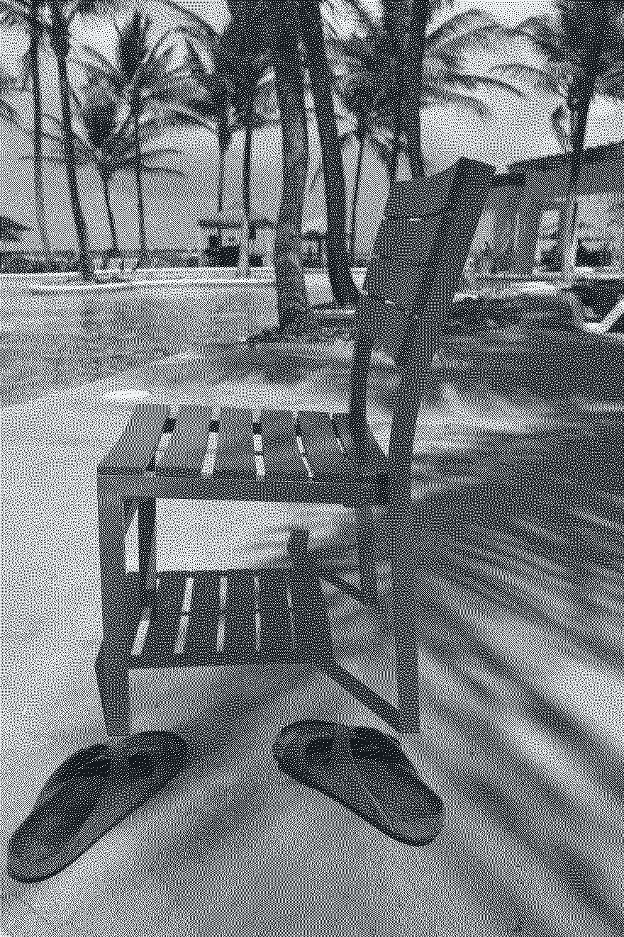 An empty chair and a pair of flip-flops under palm shadows
